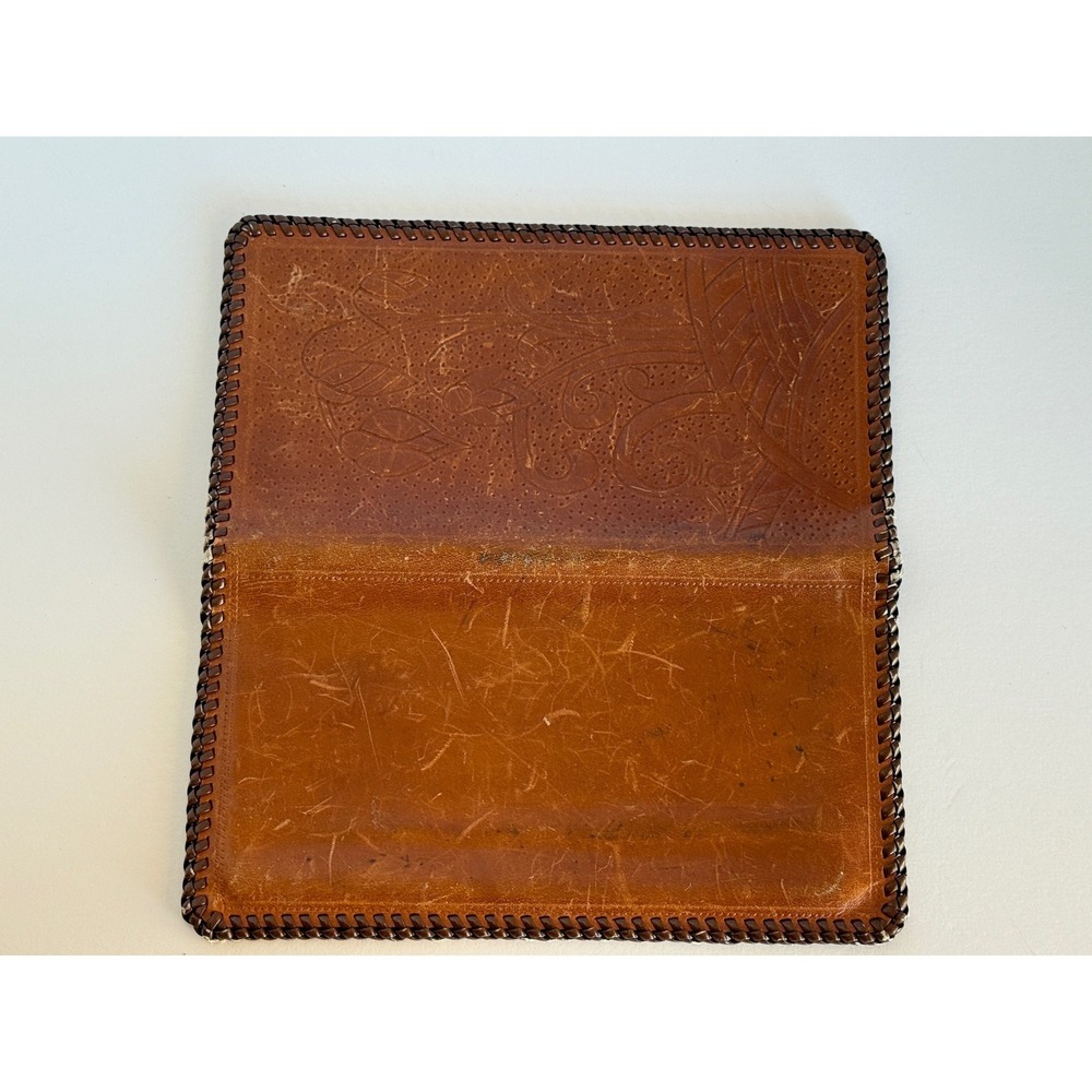 Vintage Tooled Leather Checkbook Wallet Brown Floral Design Hand Stitched - Picture 7 of 12